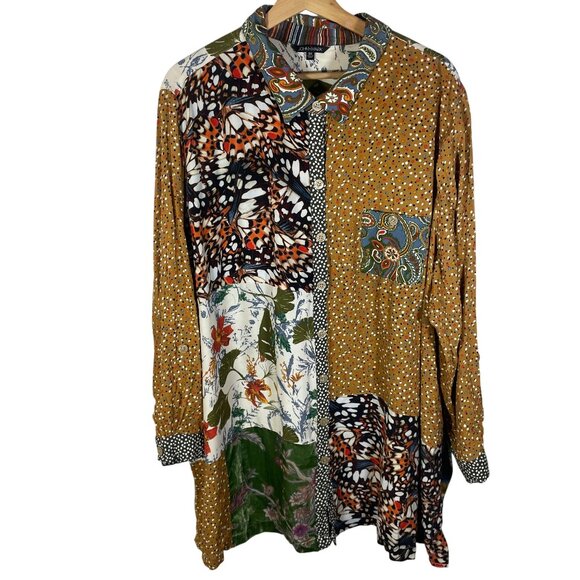 John Mark Mixed Print Button Up Tunic Shirt Boho Women 3X Long Roll Tab Sleeve - Picture 1 of 9